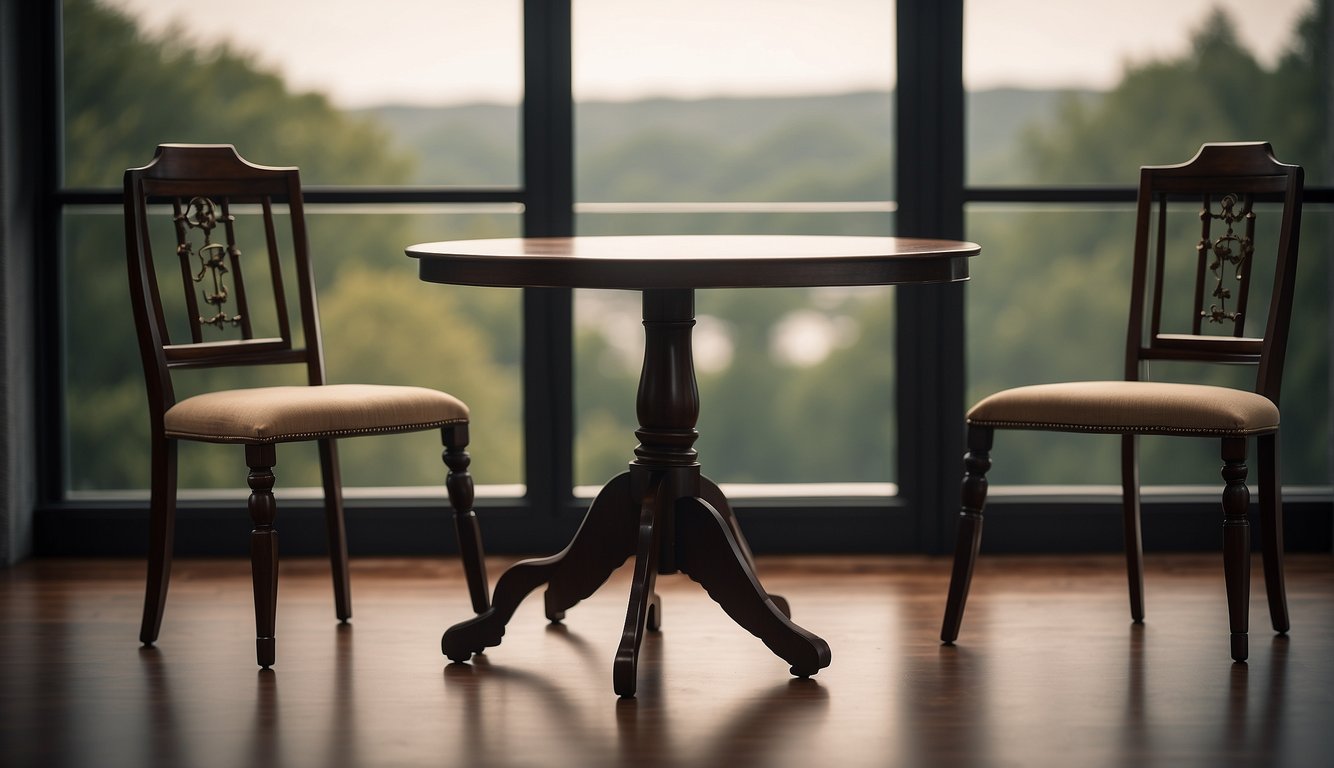 A table with two chairs facing each other, a neutral backdrop, and a scale symbolizing balance