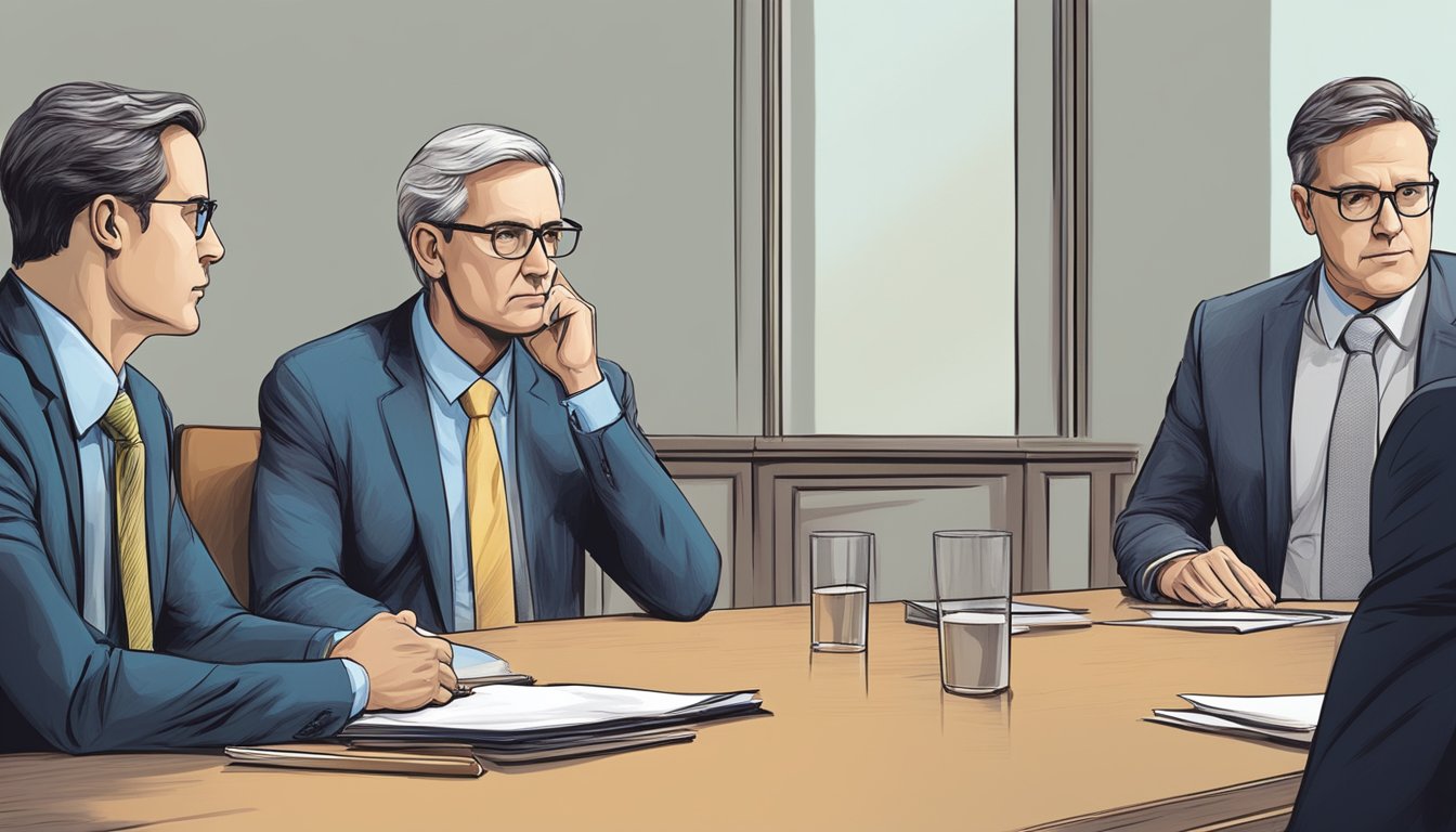 An arbitrator sitting at a table, listening attentively to both parties, with a thoughtful expression and a neutral demeanor