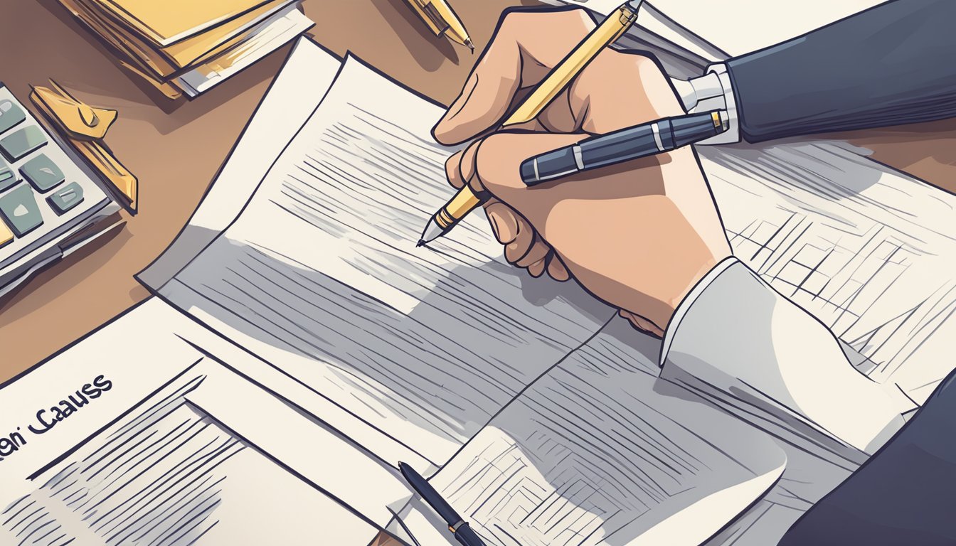 A hand holding a pen drafts a clear and concise arbitration clause. The words flow smoothly onto the paper, creating a step-by-step guide for crafting effective arbitration clauses