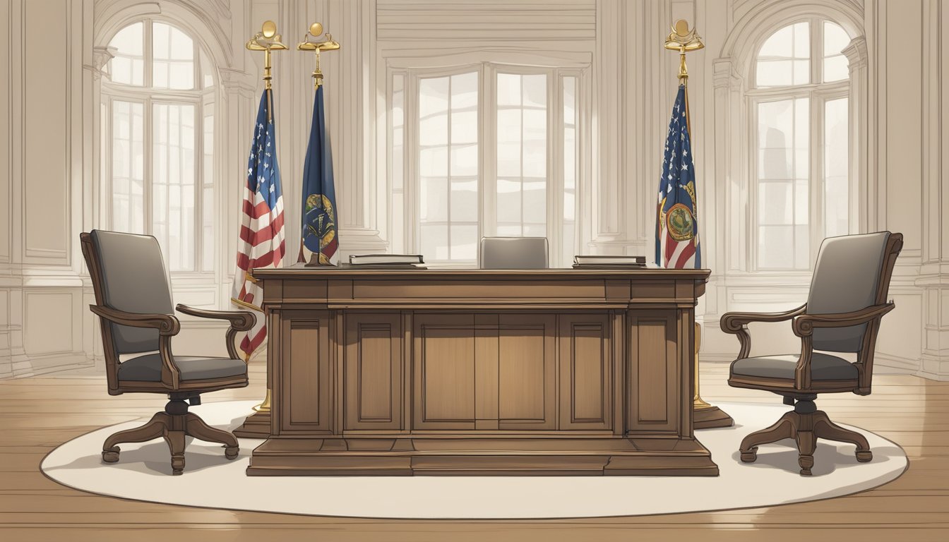 A table with two chairs facing each other, a scale symbolizing fairness, and a gavel representing authority. A backdrop of legal documents and a neutral color scheme