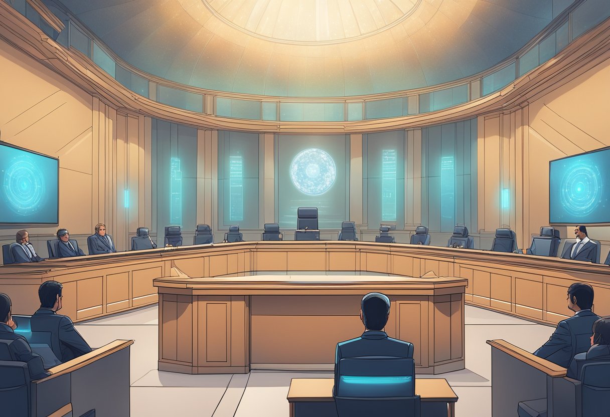 A futuristic courtroom with holographic evidence displays and AI mediators facilitating arbitration proceedings