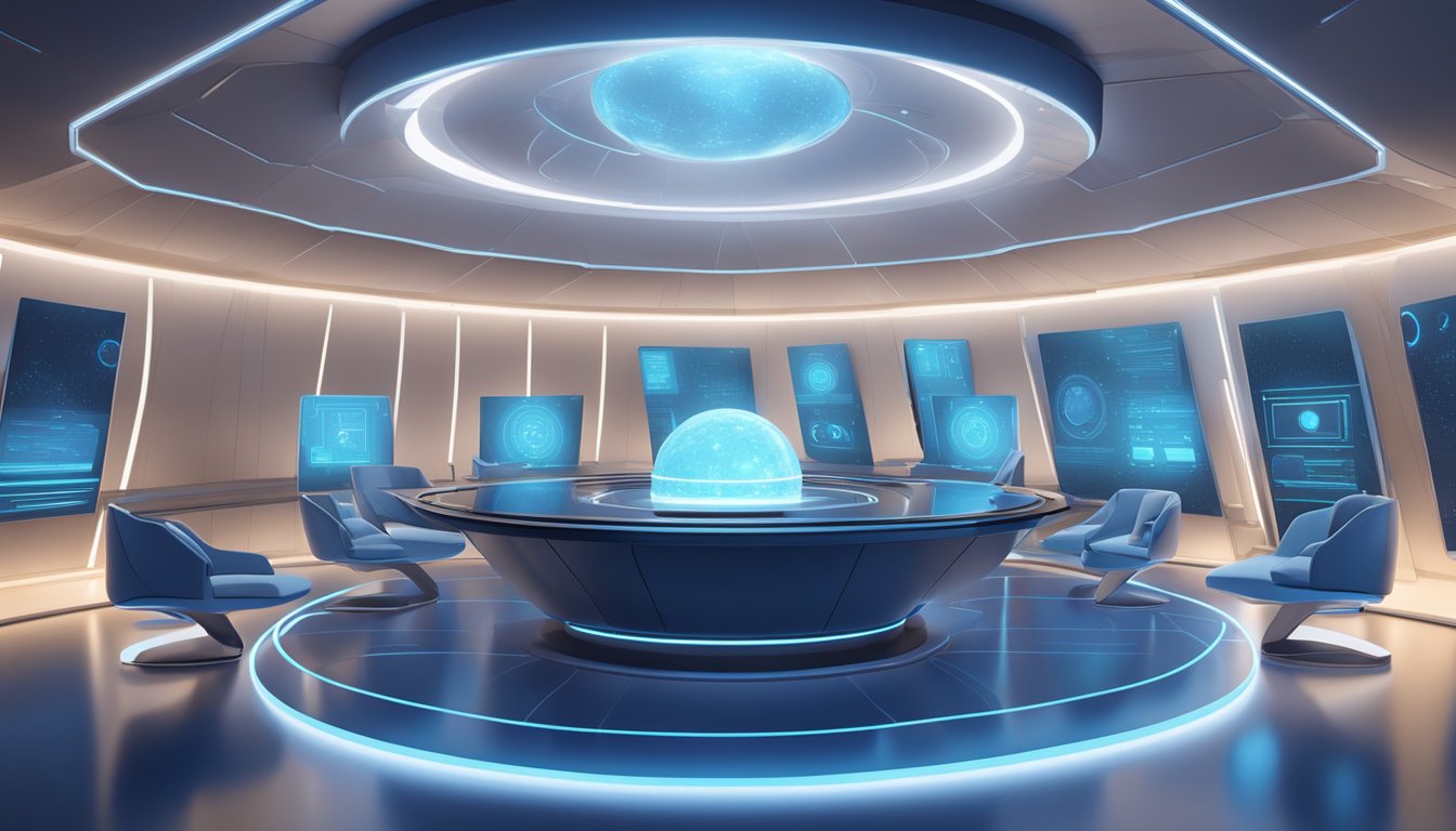 A sleek, futuristic arbitration chamber with holographic displays and advanced technology. The room is bathed in a soft, blue light, creating a sense of calm and professionalism
