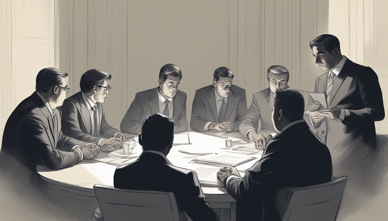 A group of shadowy figures gather around a table, their faces obscured. Suspicion and doubt linger in the air, casting a dark cloud over the arbitration process