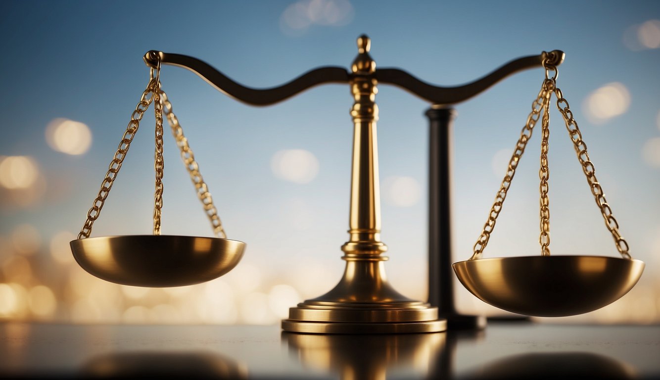 Two scales, one tipping towards a gavel and the other towards a scale of justice, with a clear divide between them