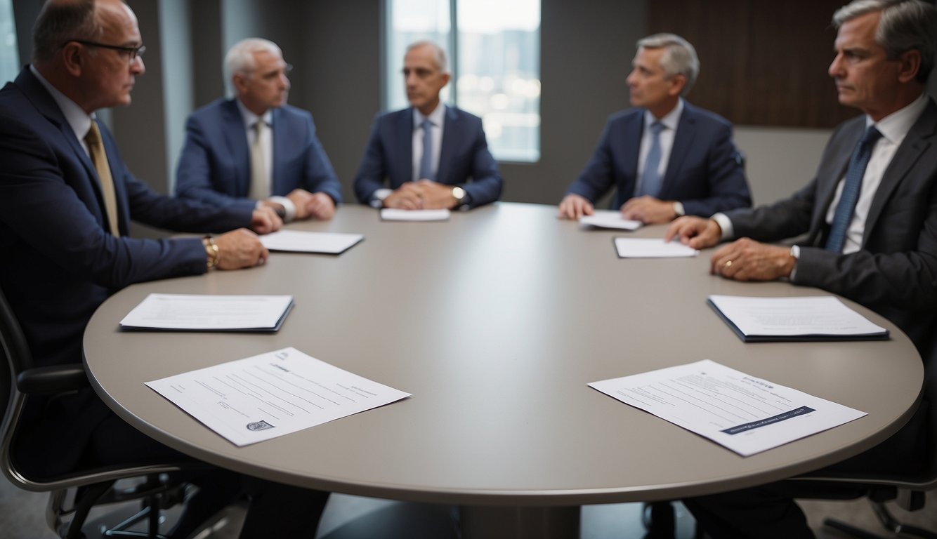 A round table with two opposing sides, a neutral arbitrator in the middle, and a document being reviewed by both parties